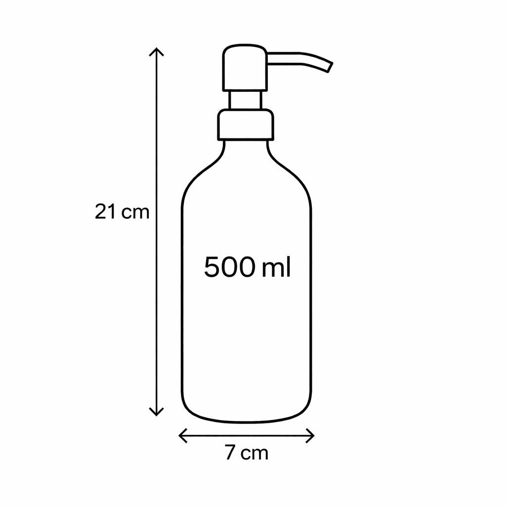 500 ml dozatoriaus matmenų schema: 21 cm aukštis ir 7 cm plotis.