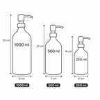 Dozatorių dydžių schema: 1000 ml, 500 ml ir 250 ml buteliukų matmenys.