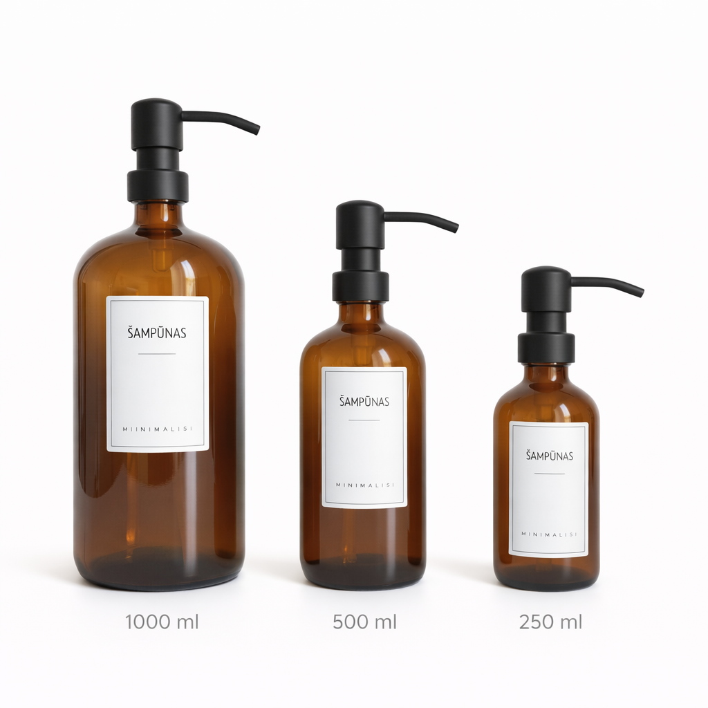 Gintarinio stiklo šampūno dozatoriai su juodomis pompomis, parodyti 1000 ml, 500 ml ir 250 ml dydžių.