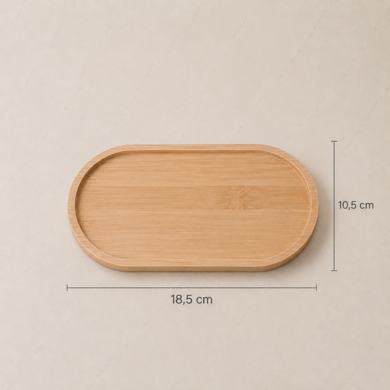 Pailgo bambukinio padėklo matmenų schema: 18,5 cm ilgis ir 10,5 cm plotis.